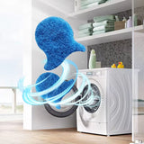 Indigopetco blue cleaning sponge with swirling lines in front of a washing machine in a laundry room.