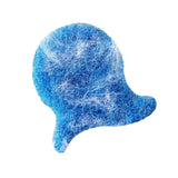Blue pet hair removal sponge for laundry with textured surface covered in pet hair on a white background