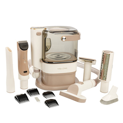 Indigo Pet Grooming Kit with grooming scissors, brushes, and tools for dogs and cats, in a compact storage case.