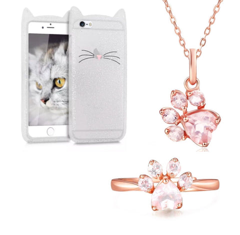 Glitter White "I'm a Cat" iPhone Case & Rose Gold Paw Ring & Necklace Set