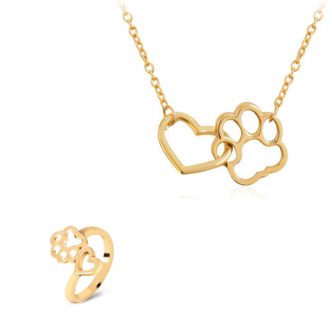 Gold Paw Heart Necklace and Ring set