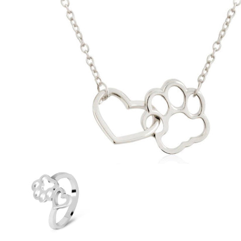 Silver Heart Paw Necklace And Ring Set