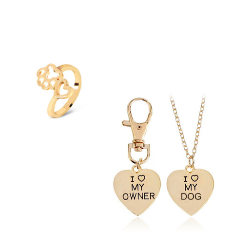 Gold 2pc "I love my dog", "I love my owner" Necklace & Paw Ring Set