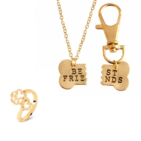 Gold 2pc Best Friend Necklace for you and your dog & Paw Ring Set