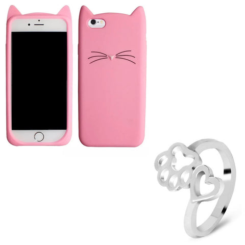 Pink "I'm a Cat" iPhone Case & Silver Paw Wrap Ring Set