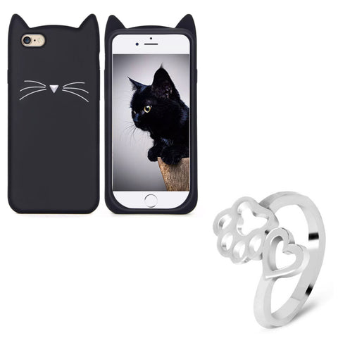 Black "I'm a Cat" iPhone Case & Silver Paw Wrap Ring Set